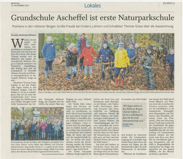 Zeitungsartikel Grundschule Ascheffel ist erste Naturparkschule